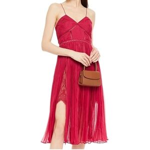 Self-Portrait / fuchsia pleated chiffon midi lace inset dress UK 4 US 0